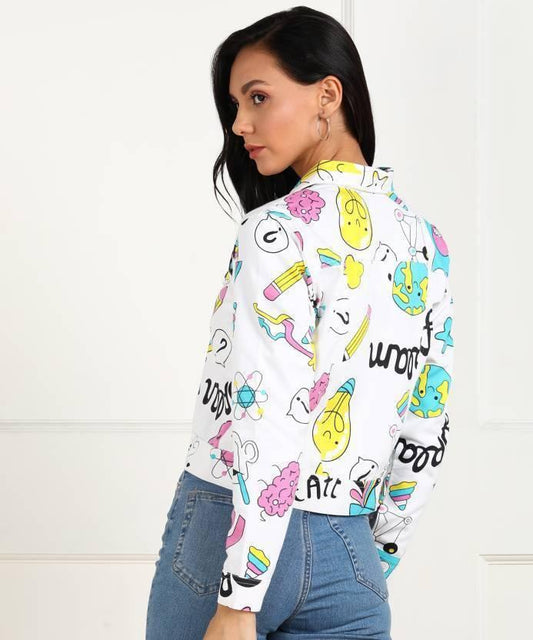 Women’s Printed White Denim Jacket