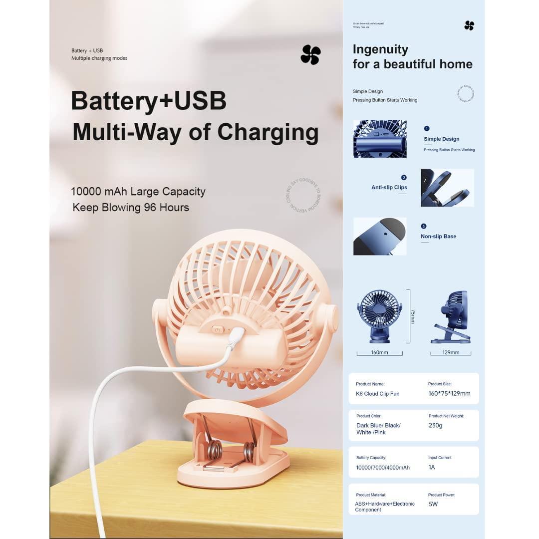 Portable USB Clip Fan (Rechargeable, 360° Rotation)