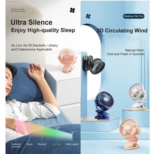 Portable USB Clip Fan (Rechargeable, 360° Rotation)