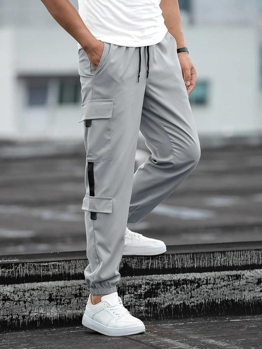 Men's Grey Solid Cotton Cargo Pant